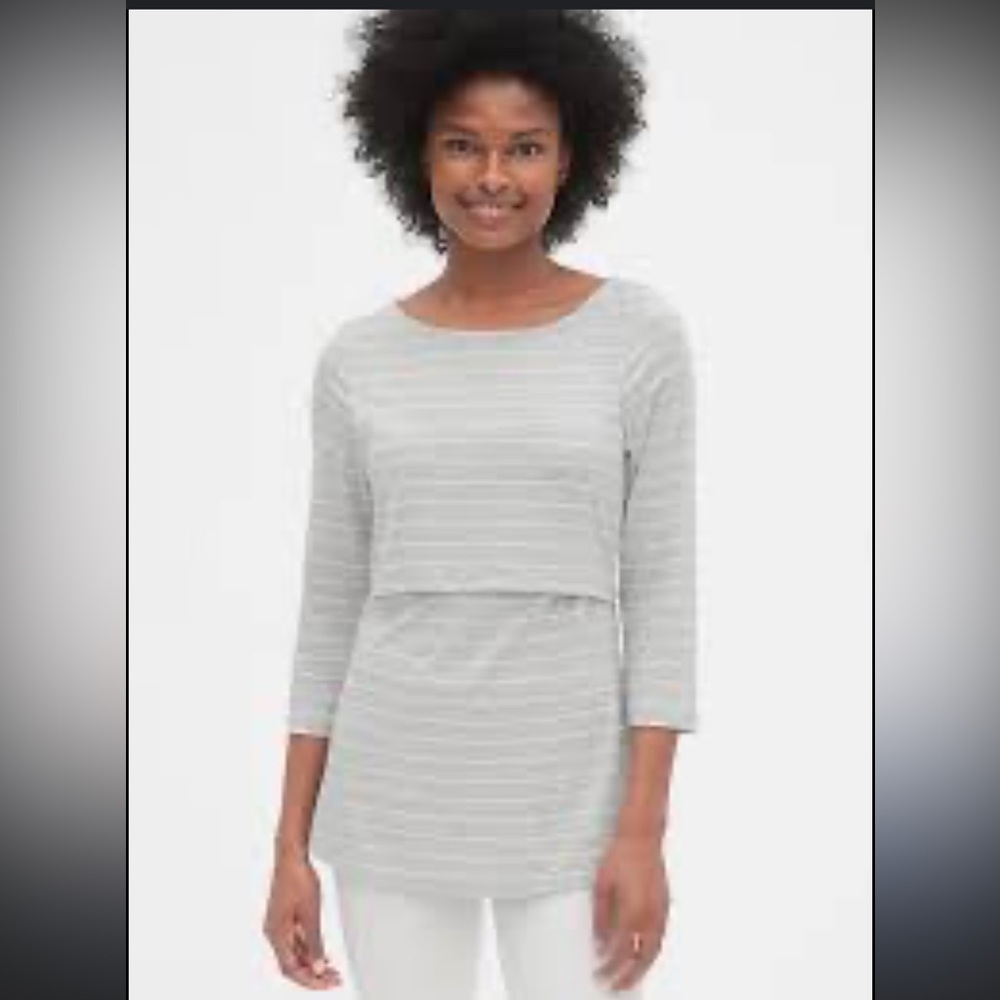 Gap Love maternity layer nursing 3/4 in sleeve tee top in grey and white stripe